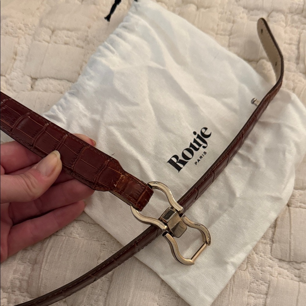 Rouje Tan Croc Embossed Belt with Gold Buckle